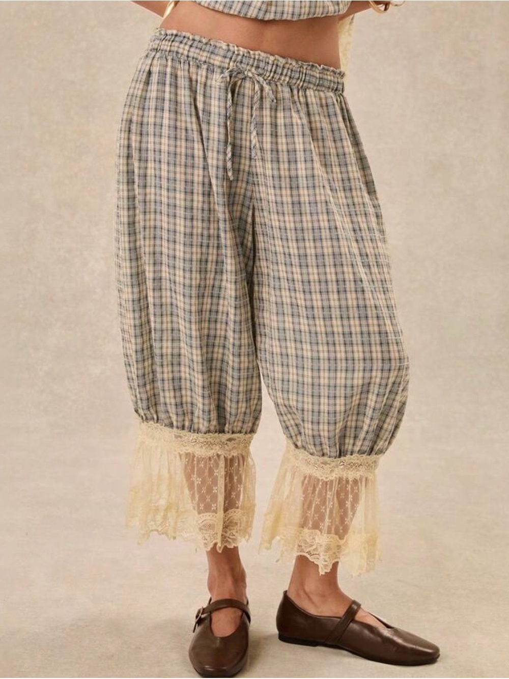 Amazon Plaid Cropped Bloomers with Cream Lace Trim - Blue/Cream